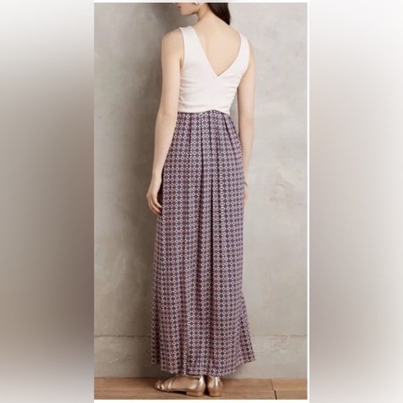 Anthropologie Pink Print Tan Blue Maeve Stretchy Colorblock Elysian Maxi Dress - Picture 2 of 11